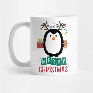 Penguin Christmas decoration. Christmas lights. Mug